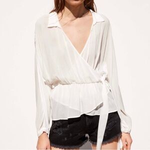Zara Sheer Faux-Wrap Blouse w Tie Dolman Sleeve Ruffled Collared White Sz S